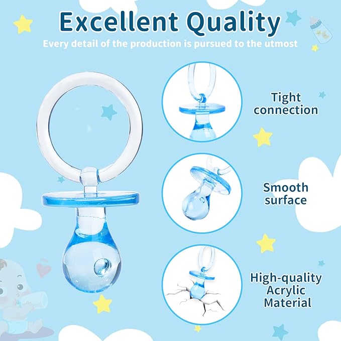 Pacifiers for Baby Shower Game, 36 Plastic Pacifiers for Baby Shower Decoration DIY, Large Size Baby Shower Pacifiers, Gender Reveal Party Table Scatter/Hunt Baby Shower Game Props(Blue, 2.75 in)