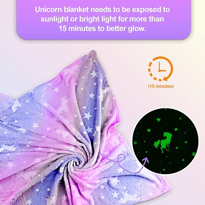 TEHALK Unicorn Glow in The Dark Blanket, Unicorn Blanket for Girls/Kids, Unicorns Gifts for Girls Age 3-12, Toddler Blanket for Kids, Soft Fleece Blanket Throw Birthday Gift 40"x60" (Pack of 2)