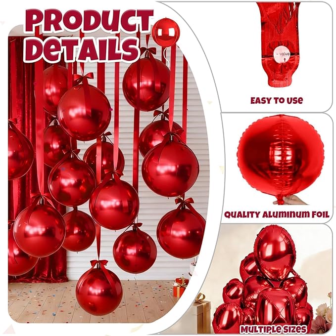 12Pcs Red Round Balloons Foil, 22" 18" 15" 10" 4D Round Ball Balloon, Big Metallic Red Foil Balloons Helium for Valentine Day Graduation Christmas New Year Prom Birthday Party Decorations Supplies