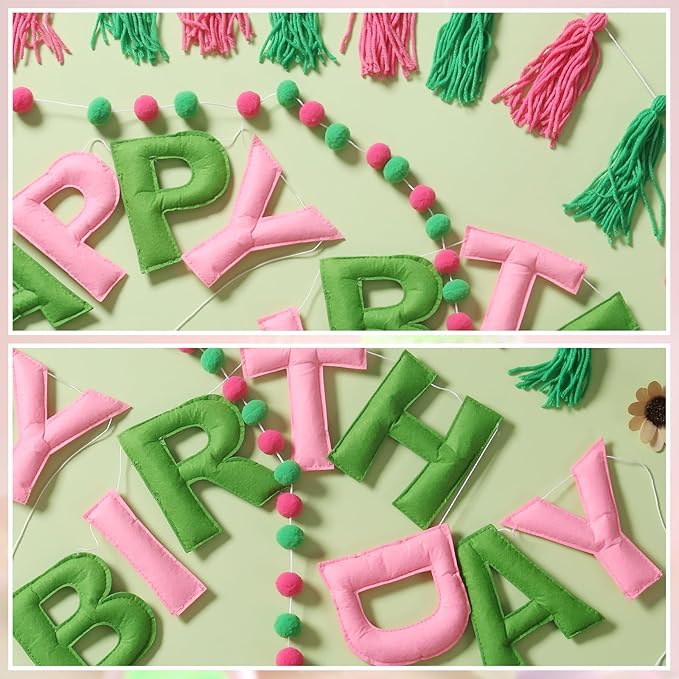 Pre-Strung Happy Birthday Banner Pink and Green Party Decorations Felt Ball Garland Sign for Witch Theme Birthday Party Décor