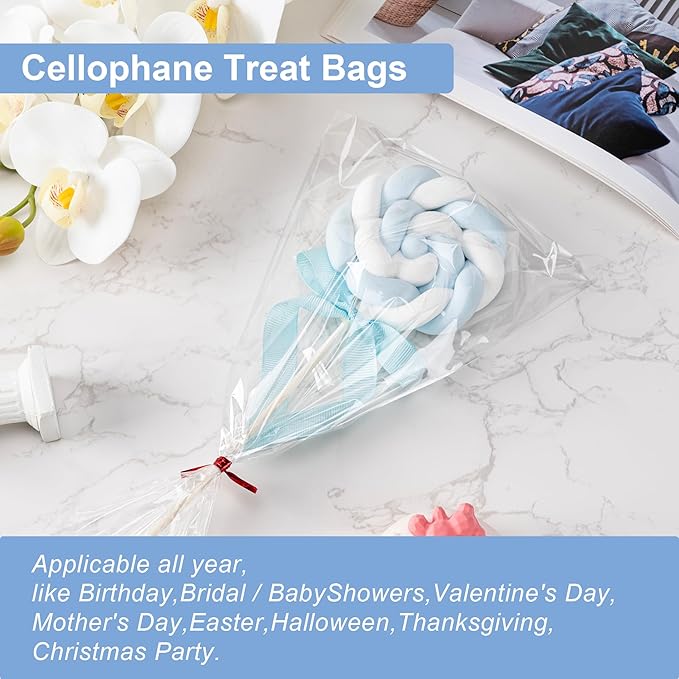 Aegero Cello Cellophane Treat Bags, 200 Pcs 6x8 Inches Clear Cellophane Bags with 200 Twist Ties for Gift Wrapping,Packaging Candies,Dessert,Bakery,Party Favors