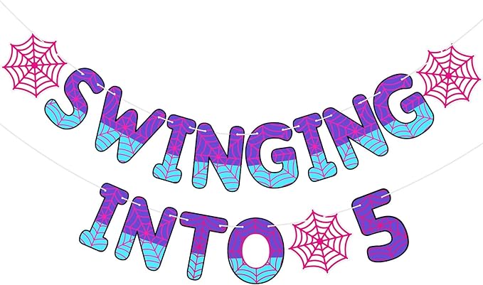 TaoBary Spider Theme 5th Birthday Banner, Pre-strung Swinging into 5 Banner, Spider 5th Birthday Decorations Party Supplies for Kids, Fifth Decor for 5 Year Old Boys Girls(Pink and Purple)