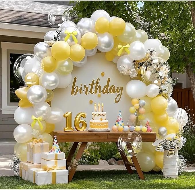 Yellow Balloon Arch Kit, Double Stuffed Pearl White Pastel Light Yellow Balloons with Bow Clear Balloon Arch Kit for Birthday Wedding Bridal Bee Baby Shower Sunflower Lemon Party Decor