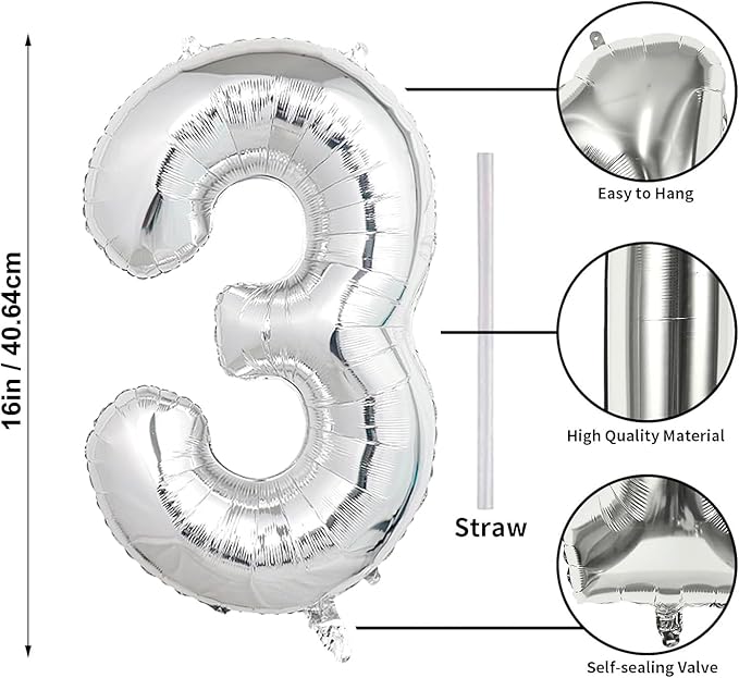 16 In Silver Large Numbers Balloons 0-9, Self Inflating Number 3 Balloons for Boys Girls, Big Silver Digit 3 Balloons for Women Men Birthday Party Anniversary Wedding Supplies Decorations
