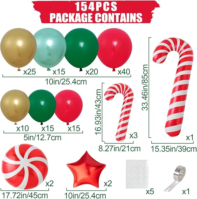Christmas Balloon Arch Kit, 150Pcs Red Green Gold Balloon Garland with Candy Cane Balloons Red Star Balloons for Christmas Party Decorations, Xmas Decorations for Indoors