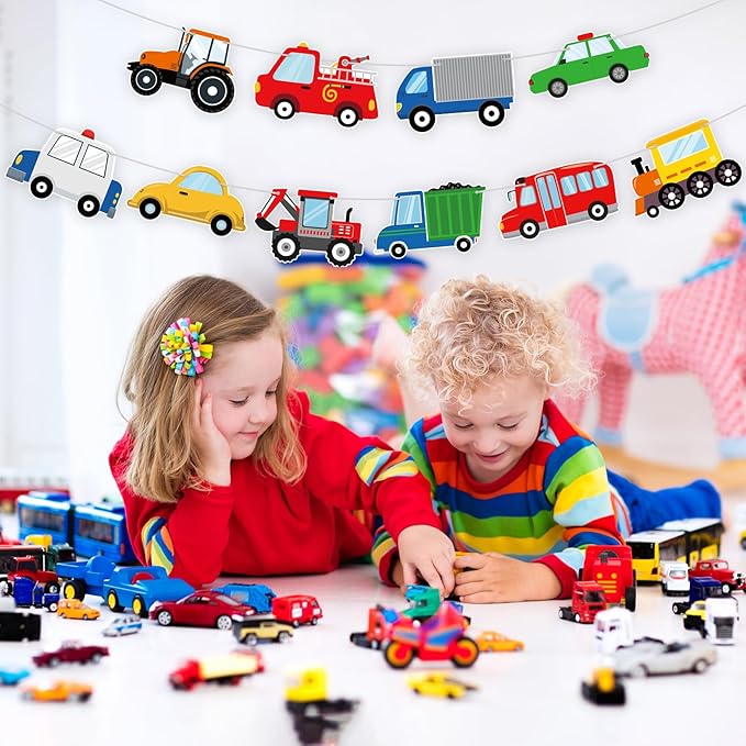 Hooqict Happy Birthday Banner Transportation Birthday Decorations Car Train Truck Bus Excavator Traffic Party Banner Garland Sign for Kids Boys 1st 2nd 3rd Transportation Vehicle Theme Birthday Party Supplies
