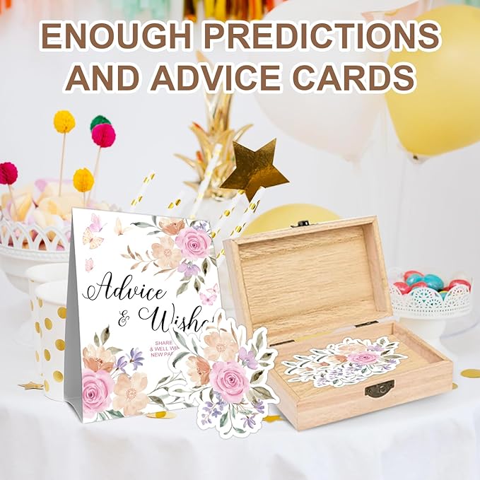Rose Baby Shower Advice & Wishes Cards Set, Bloom Flowers Decoration for Babies,50 Pcs Double Sided Pink Rose Cards with Wooden Keepsake Box, Baby Shower Boy Girl Party Gift Boxes for New Parents