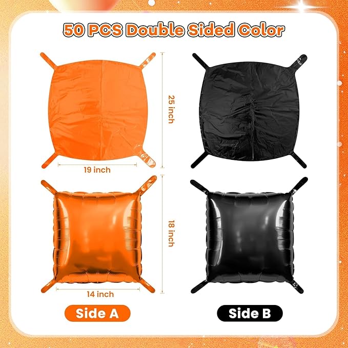 50 PCS Black and Orange Square Foil Balloons Wall Backdrop 19 inch Reusable Mylar Balloons Tunnel Garland Arch Kit for Halloween Party Basketball Retirement Birthday Graduation Decoration