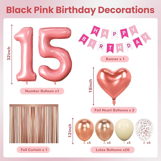 15th Birthday Decorations for Girls, Rose Gold Quinceanera Party Supplies Set with Mis Quince Banner, Number 15 Balloon and Foil Fringe Curtains