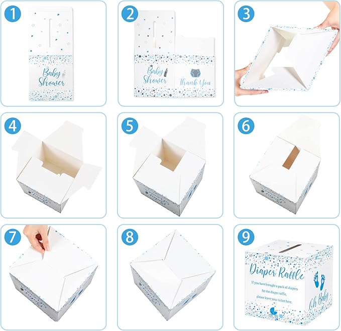 Funrous 51 Diaper Raffle Tickets with Box for Baby Shower Game Invitations Diaper Raffle Card for Gender Reveal Baby Shower Party Decoration Table Centerpiece(Blue Silver)