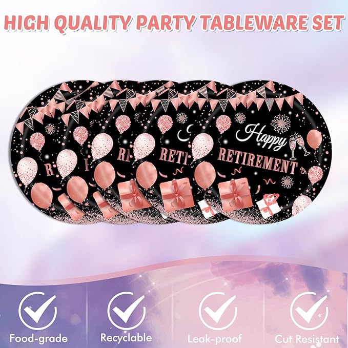 41PCS Retirement Decorations for Women Black Rose Gold Themed Retirement Decor Paper Plates Napkins Tablecloth Set for Women's Say Goodbye Party Supplies