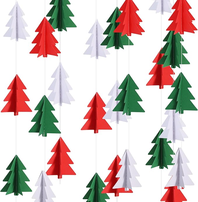 BEISHIDA Red White Green Christmas Decorations, 2 Pcs 3D Christmas Tree Paper Garland Xmas Hanging Streamer Party Decorations for Home Office Classroom Baby Shower Party Supplies