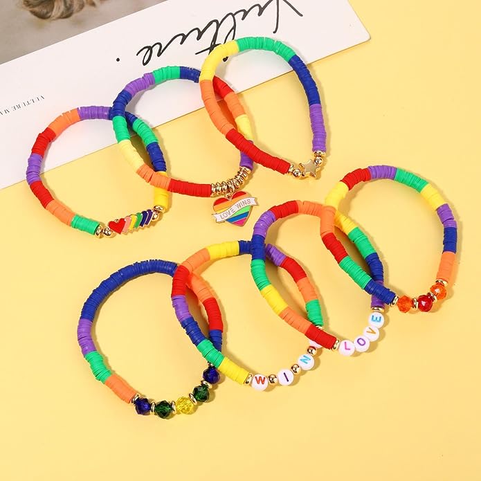 Surfer Heishi Bracelets for Women Stackable Rainbow Vinyl Disc Clay Beaded Stretch Bracelets Elastic Layering Friendship Bracelets Boho Summer Beach Jewelry