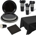 Ottin 169PCS Black Christmas Party Supplies for 24 Guests – Disposable Paper Plates, Napkins, Cups, Forks, Knives, Spoons & Tablecloth for Birthday, Wedding, Thanksgiving, Christmas, New Year