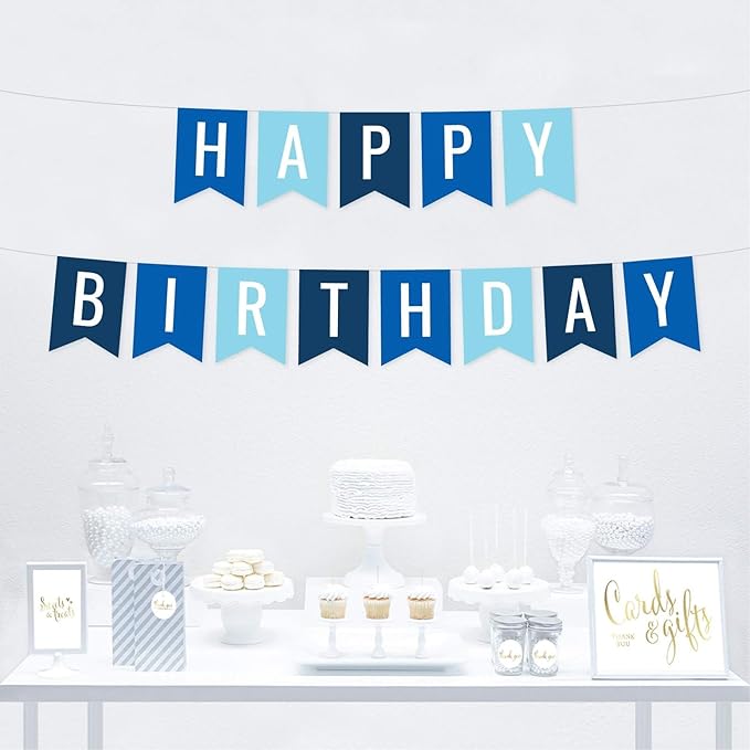 Andaz Press Hanging Pennant Banner Party Decorations, Royal Blue, Baby Blue, Navy Blue, Happy Birthday, 1-Pack, Approx. 5-Feet, Boy 1st 2nd 3rd 4th Birthday Cars Trucks Themed Decor