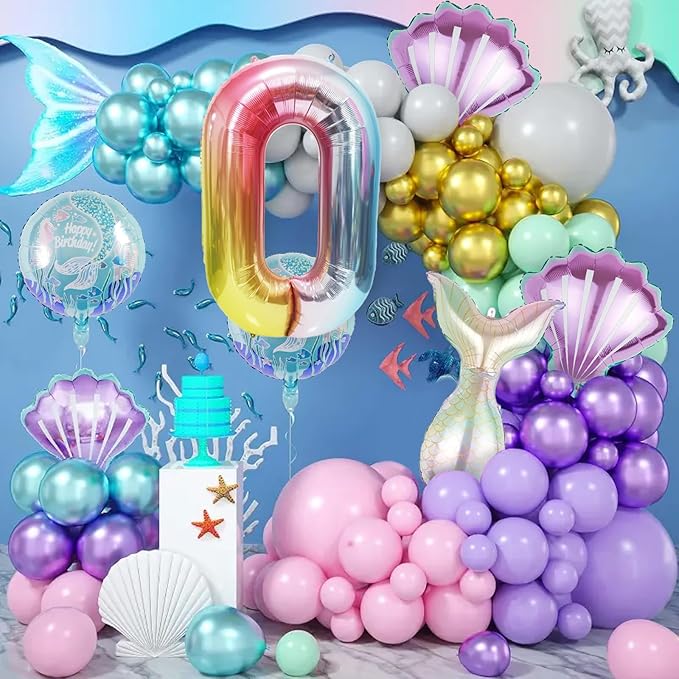Mermaid Birthday Decorations Mermaid Balloons - Number 0 Balloons for Girls Under The Sea Mermaid Theme Baby Shower Birthday Favors