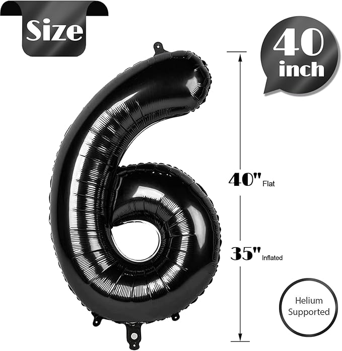 Black Number 6 Balloon 40 Inch, 6 Balloon Number, 6th Birthday Decorations, Black Party Supplies for Boys Girls