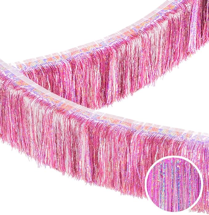 Premium Glitter Pink Fringe Tinsel Garland for Party Decorations -4 Layers Thick, 2 Pack | LILF Foil Metallic Banner Party Streamers for Wedding Birthday Christmas Decoration Home Hanging