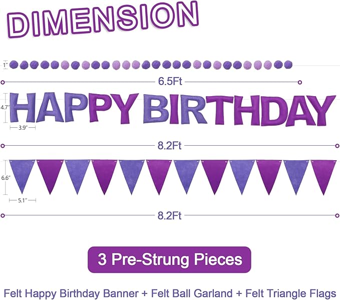 Pre-Strung Happy Birthday Banner & Felt Garland Set - Ombre Purple Birthday Decorations for Women Men Boys Girls | Reusable Party Supplies for Indoor & Outdoor