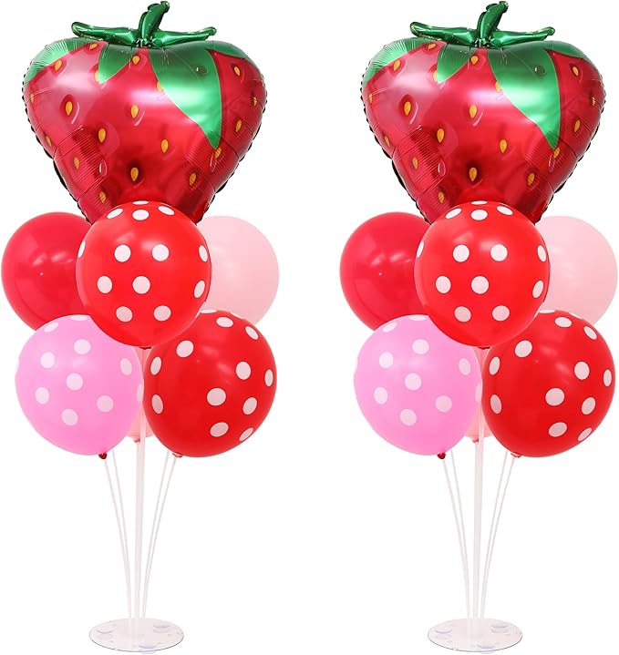 Strawberry Balloon Stand for Table Centerpiece Stand Kit 2 Sets with 2 Strawberry Foil Balloons and 14 Latex Pastel Balloons for Strawberry Themed Birthday Party Decorations