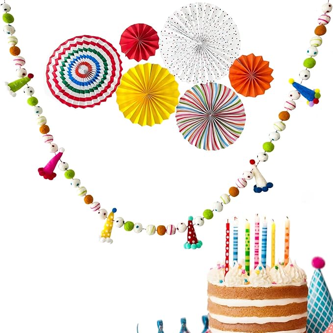 Pre-Strung Personalized Felt Ball Garland, Reusable Happy Birthday Banner, Rainbow Felt Garland, Colorful Birthday Decorations, Cute Party Hats for Birthday Holiday Party Home Wall Mantel Decor