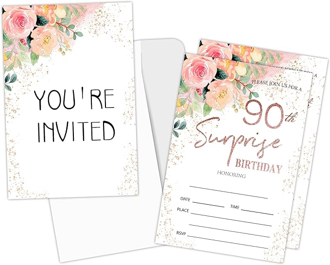 Zodvery Surprise 90th Birthday Party Invitations Cards - 90 Years old Rose Floral Pink Theme Party Supplies for Adult, Woman or Man - 20 Fill in Birthday Party Invitations and 20 Envelopes set/68