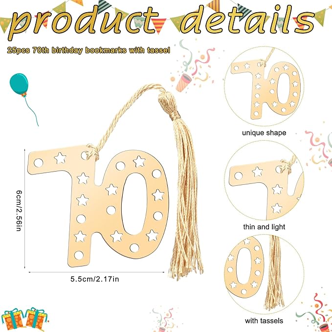 Spakon 25 Set 70th Birthday Party Favor for Guest Anniversary Party Favor Golden Birthday Bookmark Thanks for Coming Pen with Tag Appreciation Gifts for Women Men Wedding New Year