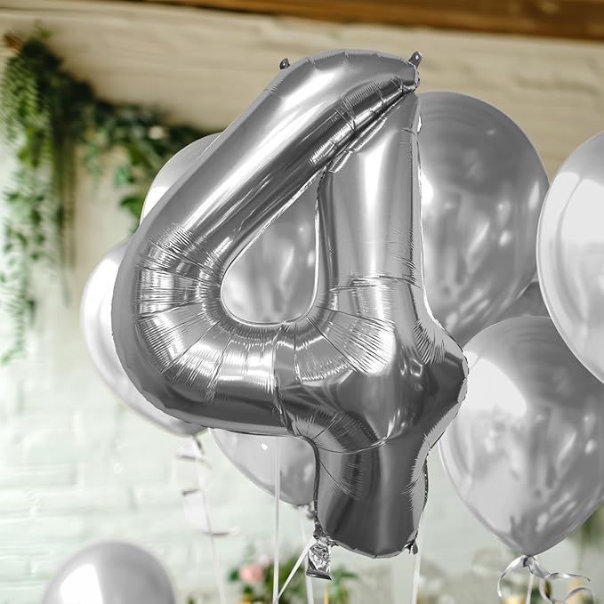 40 Inch Large Silver Number Celebration and Decoration Balloon for Birthday Parties, Graduations, Anniversaries, Weddings, Photo Shoots, Special Events - Helium Foil (Silver Number 4)