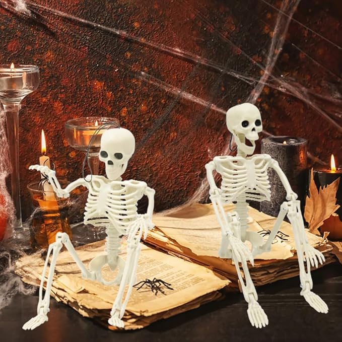 6 Packs Halloween Skeletons, 16 Inch Posable Skeletons Halloween Decorations with Movable Posable Joints, Full Body Mini Plastic Skeleton for Yard Garden Lawn Haunted House Graveyard Props Decor
