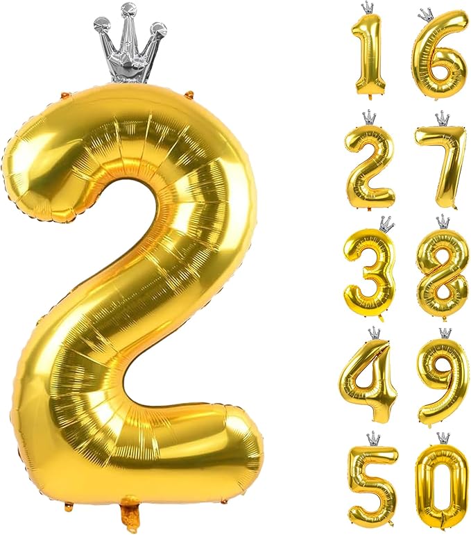 Gold Number 2 Balloon with Crown, 40 inch Gold Number Balloon 2nd Birthday Party Decoration Gold Crown Balloons 0-9 for Birthday Party Anniversary Decorations Supplies