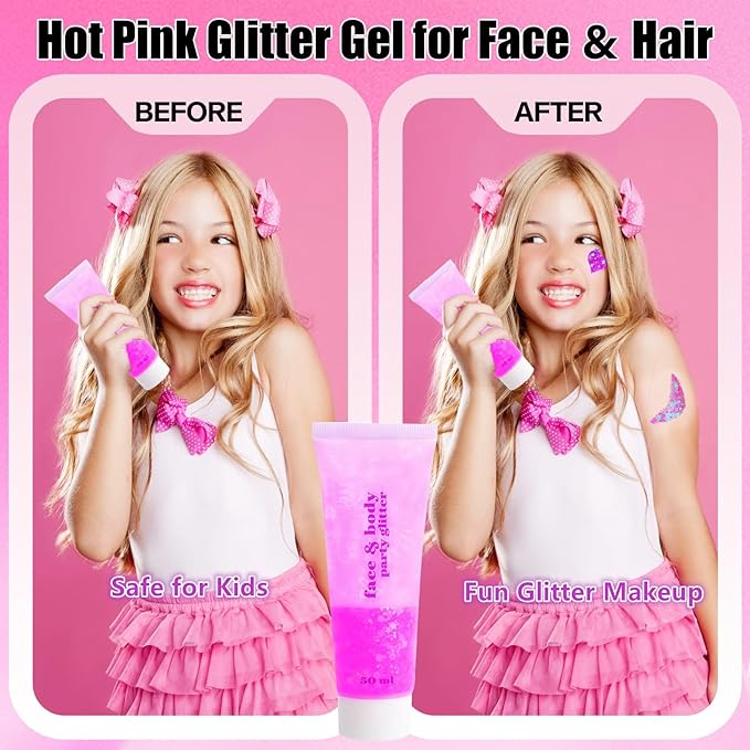 Go Ho Hot Pink Face Body Glitter Gel,Singer Concerts Hot Pink Face Paint Makeup,Holographic Chunky Sequins Glitters for Eye Lip Hair Nails,Festival Rave Accessories,52g