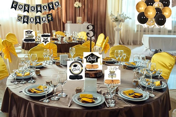 Gold Graduation Party Decorations - Balloons Graduation Decor Supplies with Table Scatter Centerpieces and Congrats Grad Banners for College Girls and School (Black + Gold)