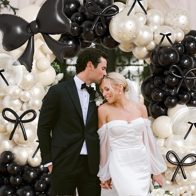 Black Bow Birthday Decorations,187Pcs Black and White Balloon Arch Kit with Clear Bow Foil Double Stuffed Pearl Balloons Ribbon Bow Pearl Stickers for Bow Coquette Birthday Bachelor Bridal Baby Shower
