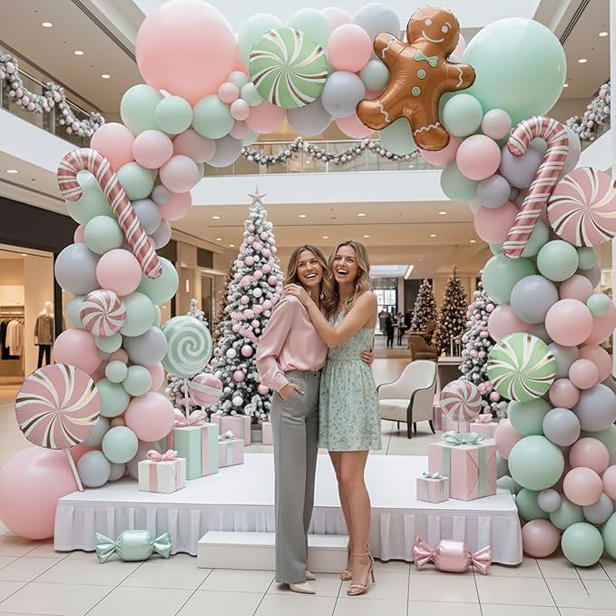 Christmas Balloon Garland Arch kit green pink balloon with Gingerbread Balloon Cane Candy Foil Balloons for Christmas Party Decorations Xmas New Year Birthday Party Supplies globos de navidad