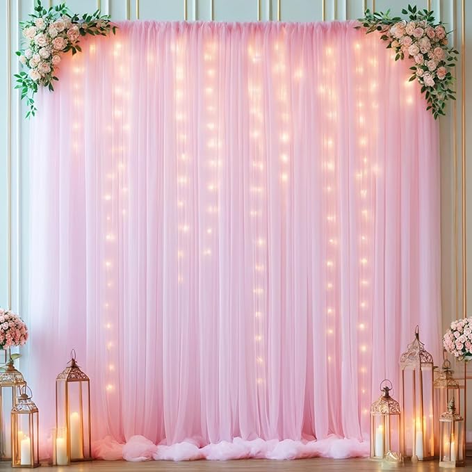Pink Tulle Backdrop Curtains with Lights, Elegant Sheer Photo Backdrop Drapes, Soft Fabric & LED Curtain for Wedding Brithday Parties Photoshoot Background Decor, 10ftx8ft