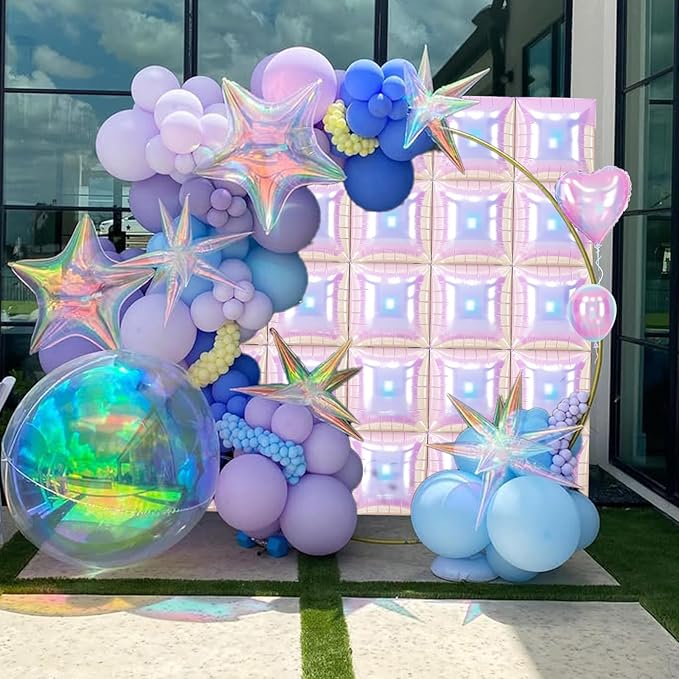 Iridescent Balloons Wall Square, 25Pcs Transparent Laser Foil Balloon Backdrop, Double Sided Gradient Crystal Colorful Balloon Tunnel Arch Background for Birthday Wedding Baby Shower Easter Rainbow