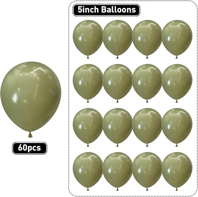 Avocado Green Balloons 60pcs 5inch Olive Green Balloon for Balloon Garland Arch 5'' Round Mini Sage Green Latex Balloon for Kids Birthday Party Decoration DIY Jungle Safari Graduation Christmas