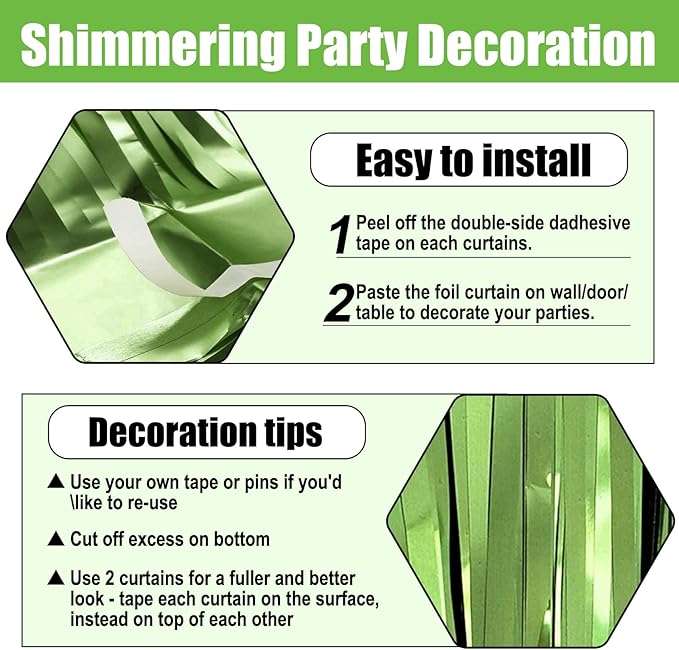 3 Pack Light Green Foil Fringe Curtain Backdrop, 3.28Ft x 6.6Ft Metallic Tinsel Foil Fringe Streamer Curtains for Photo Booth, Christmas Day, Thanksgiving, Wedding, New Year Party Decorations