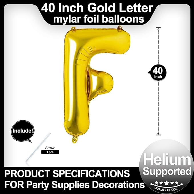 40 Inch Gold Letter F Balloons, DIY Phrase Foil Alphabet Letter F Balloons DIY Word F Banner for Birthday Anniversary Celebration Graduation Party Supplies Decoration