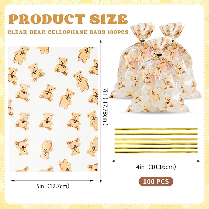 Docvania Clear Bear Cellophane Treat Bags Plastic Gift Bag 100 pcs 5 X 7 Clear Bear Cookie Bags with Ties Goodie Candy Bag Suitable for Mother's Day, Valentine's Day, and Holiday Parties