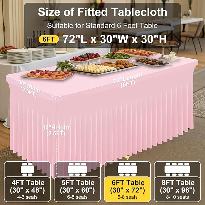 Smiry Spandex Tablecloth, Elastic Fitted Stretch Tablecloth for 6FT Rectangle Tables, Waterproof Washable Table Cover Skirt for Wedding, Banquet & Parties (Pink, 72Lx30Wx30H Inch)