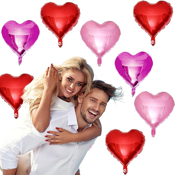 Hot Pink Foil Heart Balloons, 12 Pcs 18 Inch Mylar Heart Shaped Pink & Red Party Decoration for Birthdays, Weddings, Anniversaries, Valentine's Day