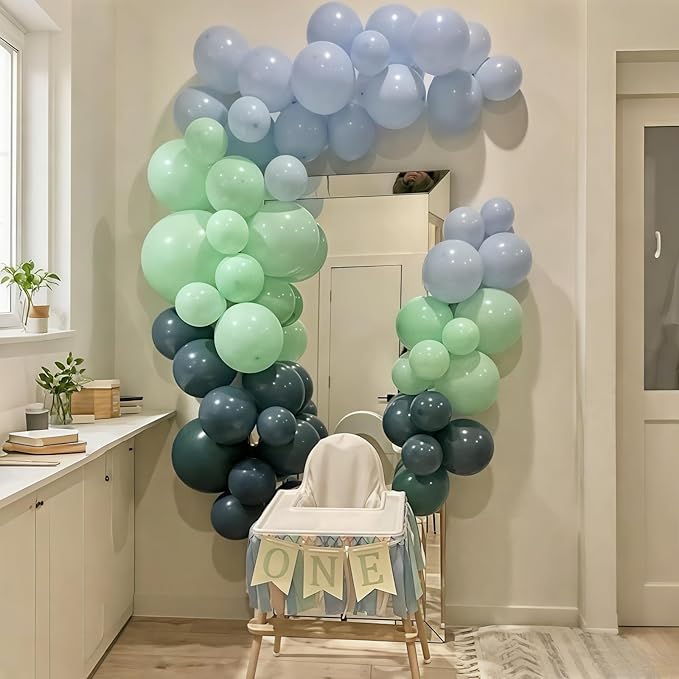 Dusty Slate Blue and Green Garland Balloon Arch Kit, 118pcs Baby Blue Green Party Balloons Balloons for Boys Baby Shower Jungle Woodland Ocean Beach Under The Sea One 1st Birthday Party Decorations