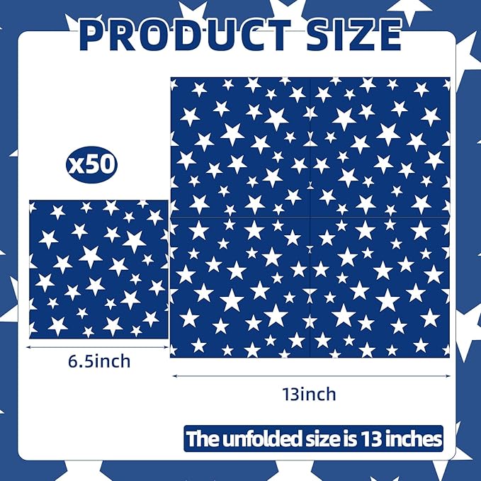 50 Count American Flag Paper Napkins – 25 Red & White Stripe and 25 Blue with Stars Design, Disposable Beverage Cocktail Napkins for 4th of July, Memorial Day, Patriotic Parties, and Table Decorations