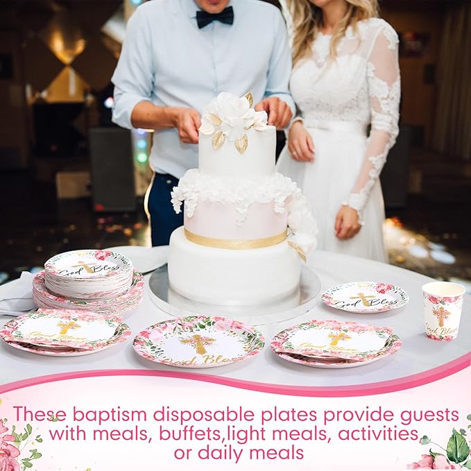 Pickmesh 250 Pcs Pink Baptism Cross Disposable Tableware Set First Holy Communion Baptism Disposable Paper Plates Napkins Cups for Christening Celebration Baby Shower Girl Religious Supplies, Serve 50