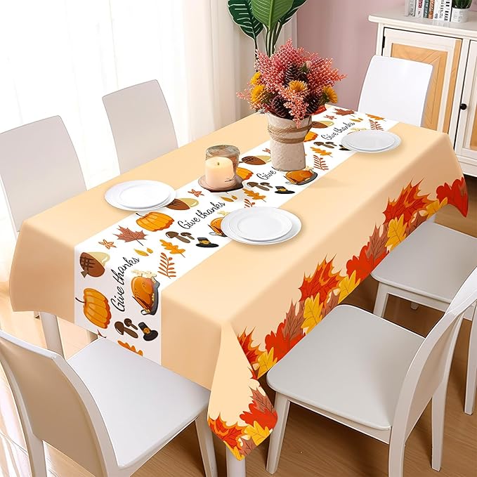 Childom Thanksgiving Tablecloth, 3 Pack Disposable Plastic Tablecloth 54" x 108" Thanksgiving Decorations, Autumn Maple Leaf Party Table Cover, Fall Harvest Party Decor for Outside,Picnic,Home,Dinner