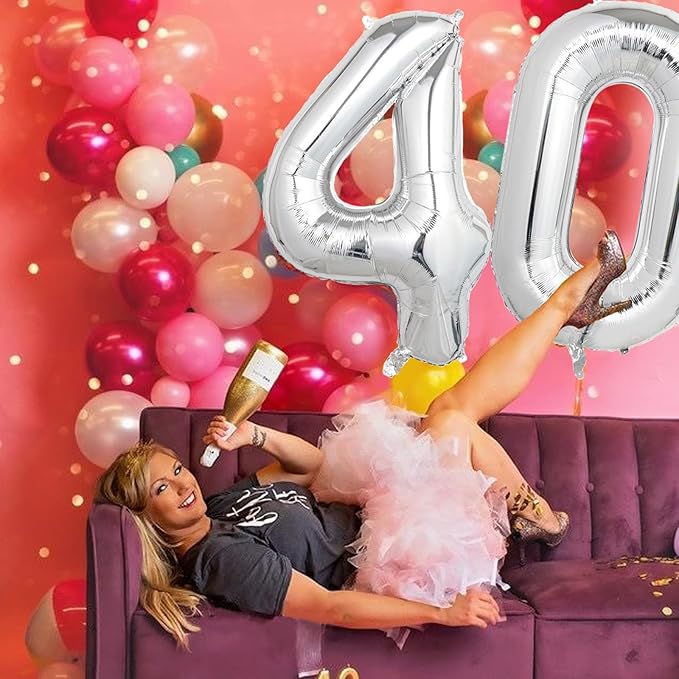 Number Balloons Silver Party Balloon - Giant Number 40 Balloon, 40 Inch Large Balloon for 40th Birthday Decorations, Silver Party Supplies for Anniversary