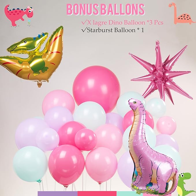Pink Dino Balloon garland arch kit with Pastel Pink Purple Teal and Foil Dinosaur balloon for dinosaur Theme Party Decorations for Girl (Pink Purple Teal)