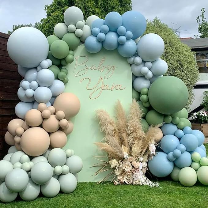 Dusty Blue Sage Green Balloons Garland Arch Kit, 117 Pcs Double Stuffed Fog Blue Light Blue Green Sand White Balloons for Baby Shower Bridal Shower Birthday Wedding Anniversary Ocean Party Decorations