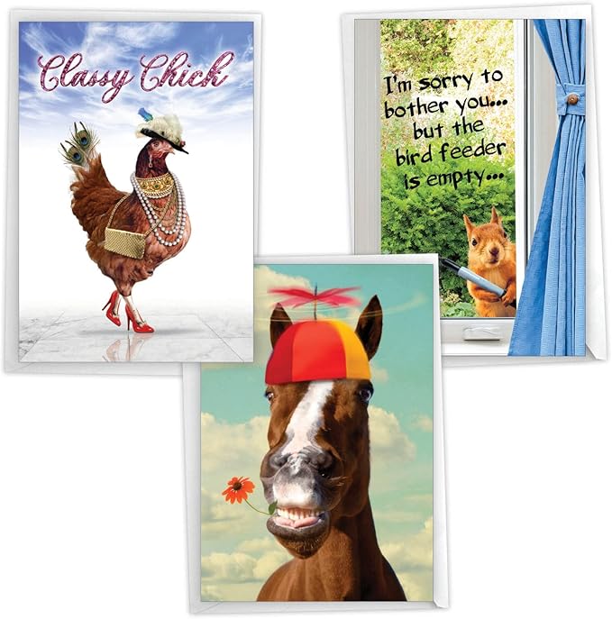 NobleWorks Assorted 3 Pack, Hysterical Animal Women's Birthday Greeting Cards with 5 x 7 Inch Envelopes (3 Designs, 1 Each) Wild Life VC2806BDG-C1x3
